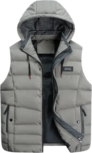 Men's Down Puffer Vest Jacket Removable Hood Fleece Lined Softshell Windproof Sleeveless Jacket Hiking Causal Vest