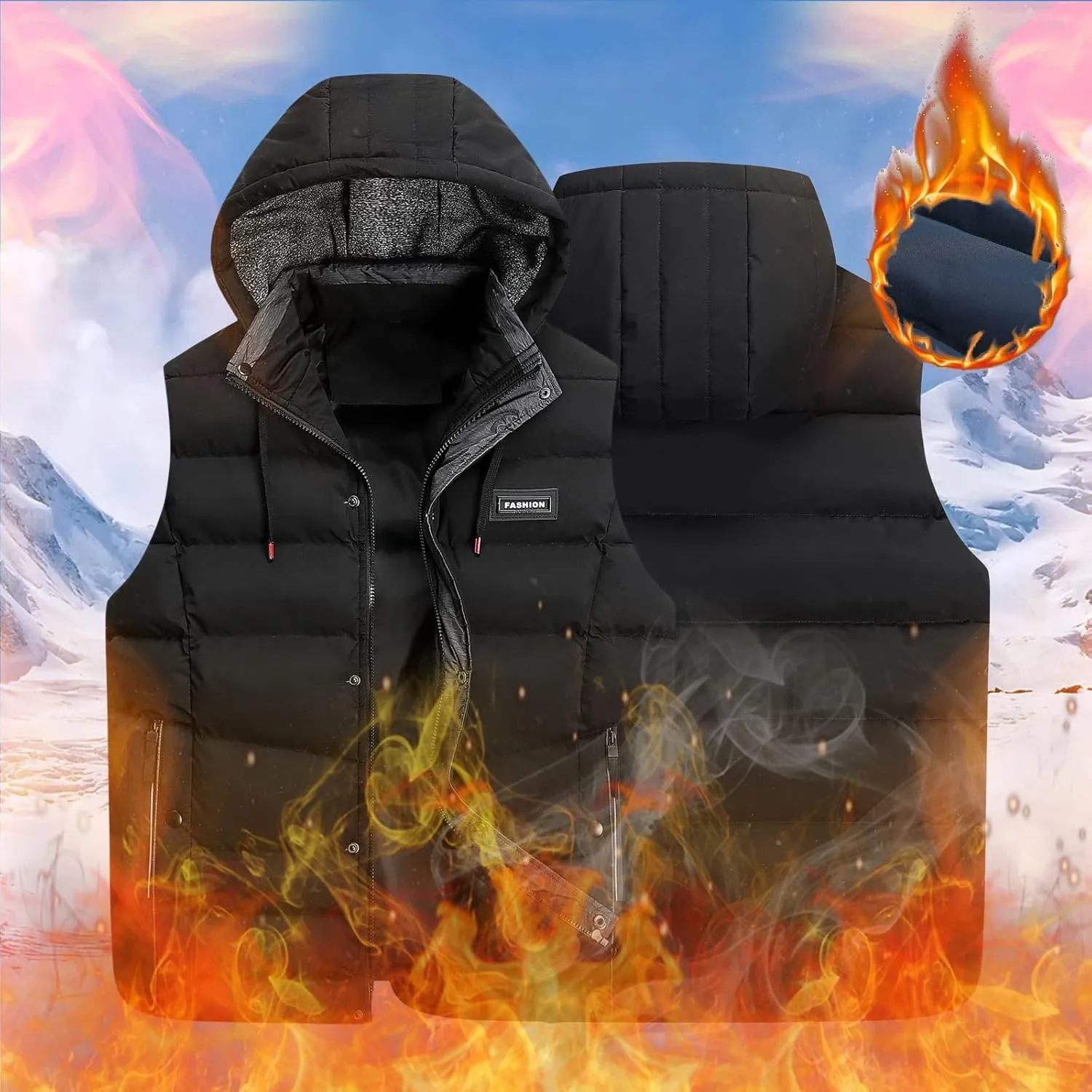 Men's Down Puffer Vest Jacket Removable Hood Fleece Lined Softshell Windproof Sleeveless Jacket Hiking Causal Vest