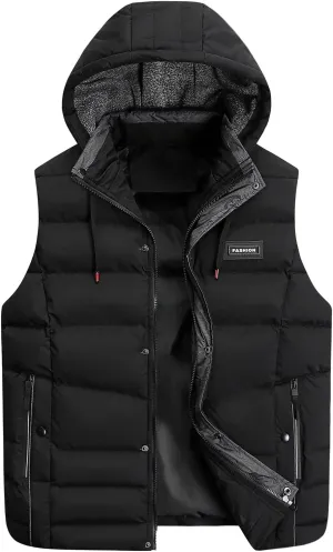 Men's Down Puffer Vest Jacket Removable Hood Fleece Lined Softshell Windproof Sleeveless Jacket Hiking Causal Vest