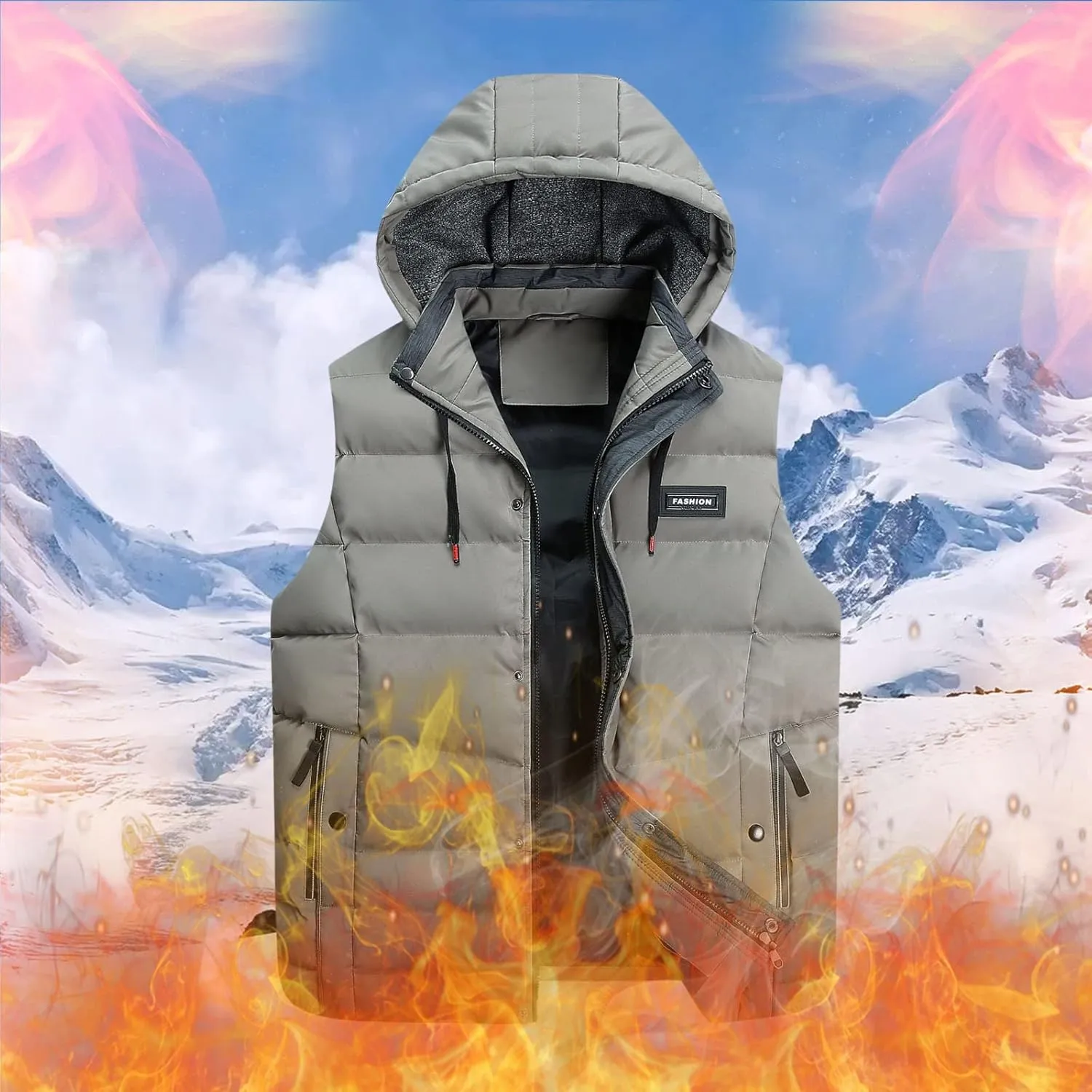 Men's Down Puffer Vest Jacket Removable Hood Fleece Lined Softshell Windproof Sleeveless Jacket Hiking Causal Vest