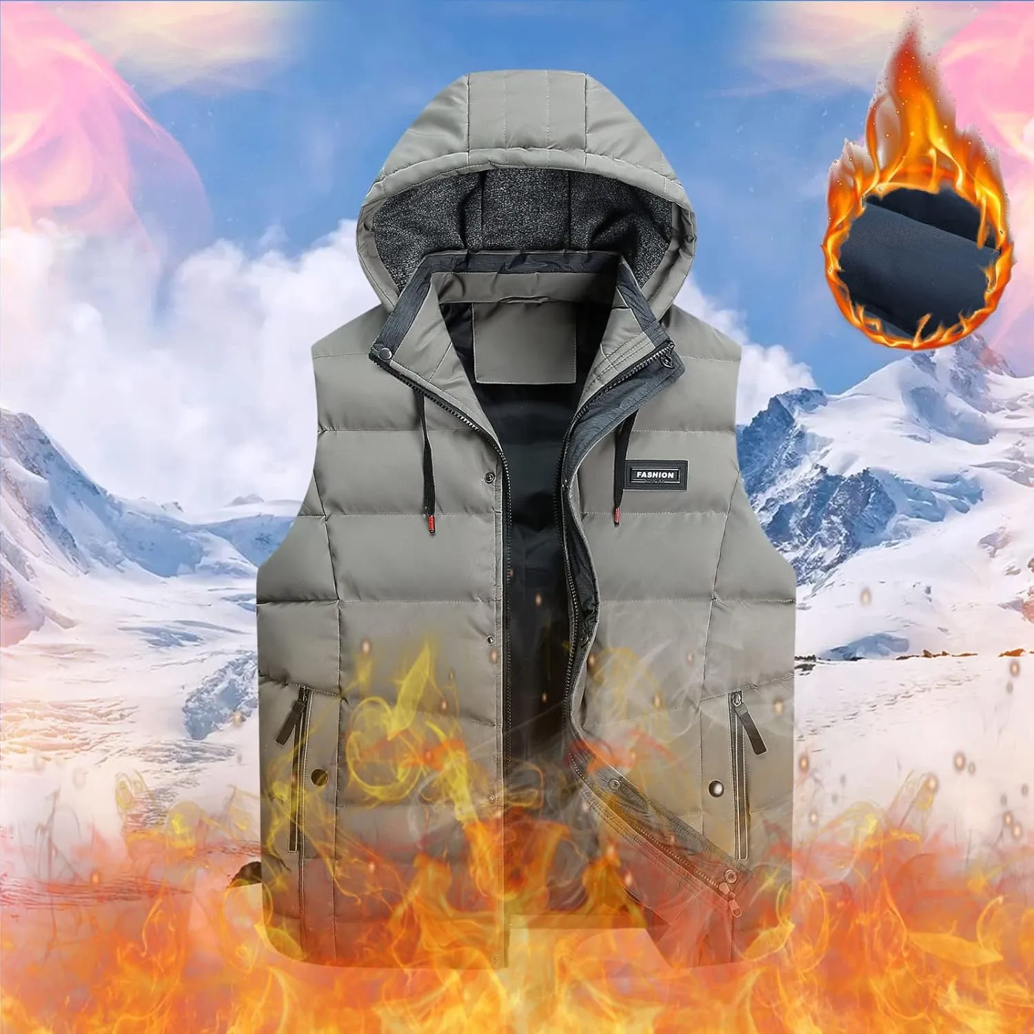 Men's Down Puffer Vest Jacket Removable Hood Fleece Lined Softshell Windproof Sleeveless Jacket Hiking Causal Vest