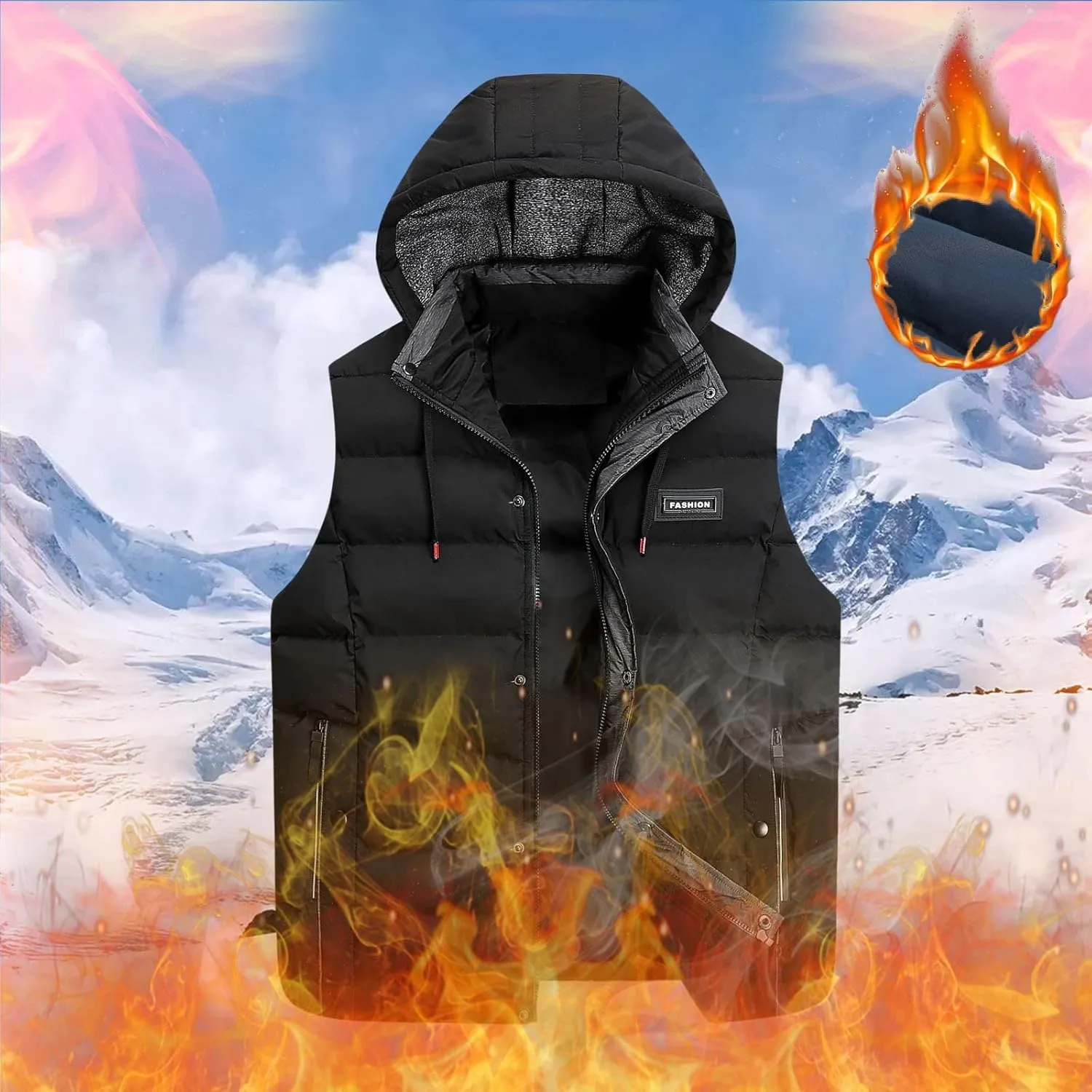 Men's Down Puffer Vest Jacket Removable Hood Fleece Lined Softshell Windproof Sleeveless Jacket Hiking Causal Vest