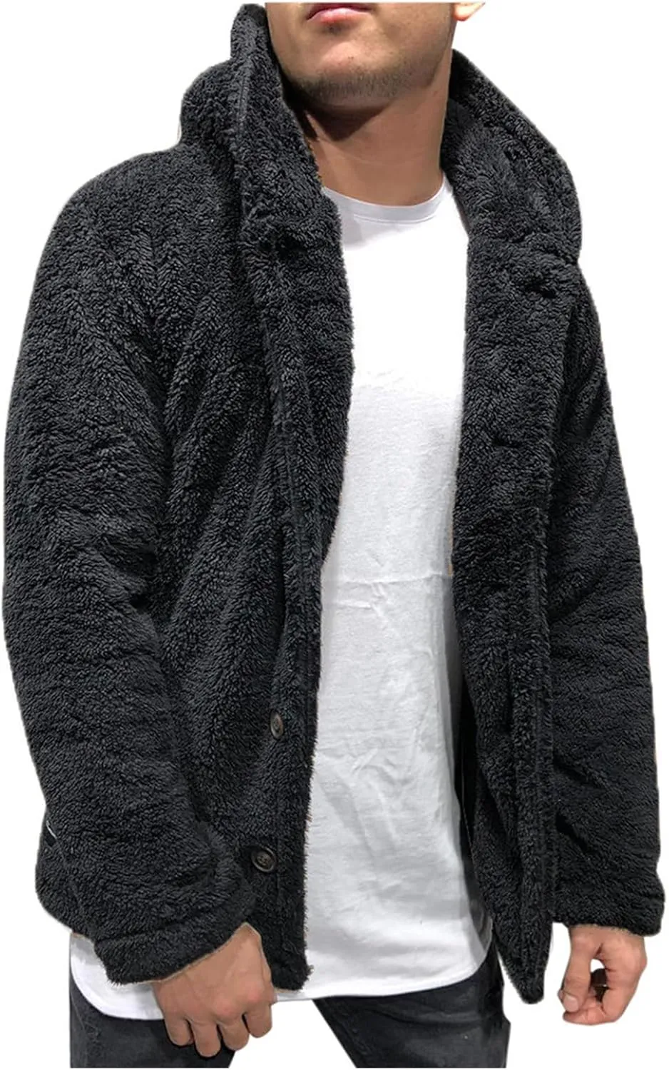 Mens Fleece Cotton Coat Solid Color Hooded Jacket Wool Lined Overshirt Single Breasted Peacoat Trend