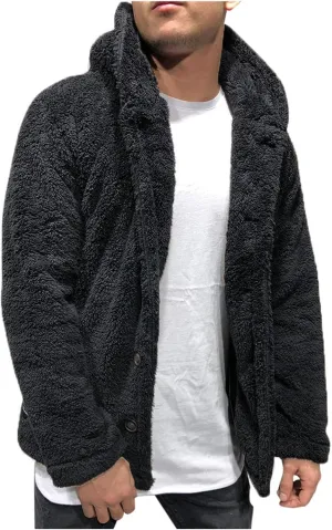 Mens Fleece Cotton Coat Solid Color Hooded Jacket Wool Lined Overshirt Single Breasted Peacoat Trend