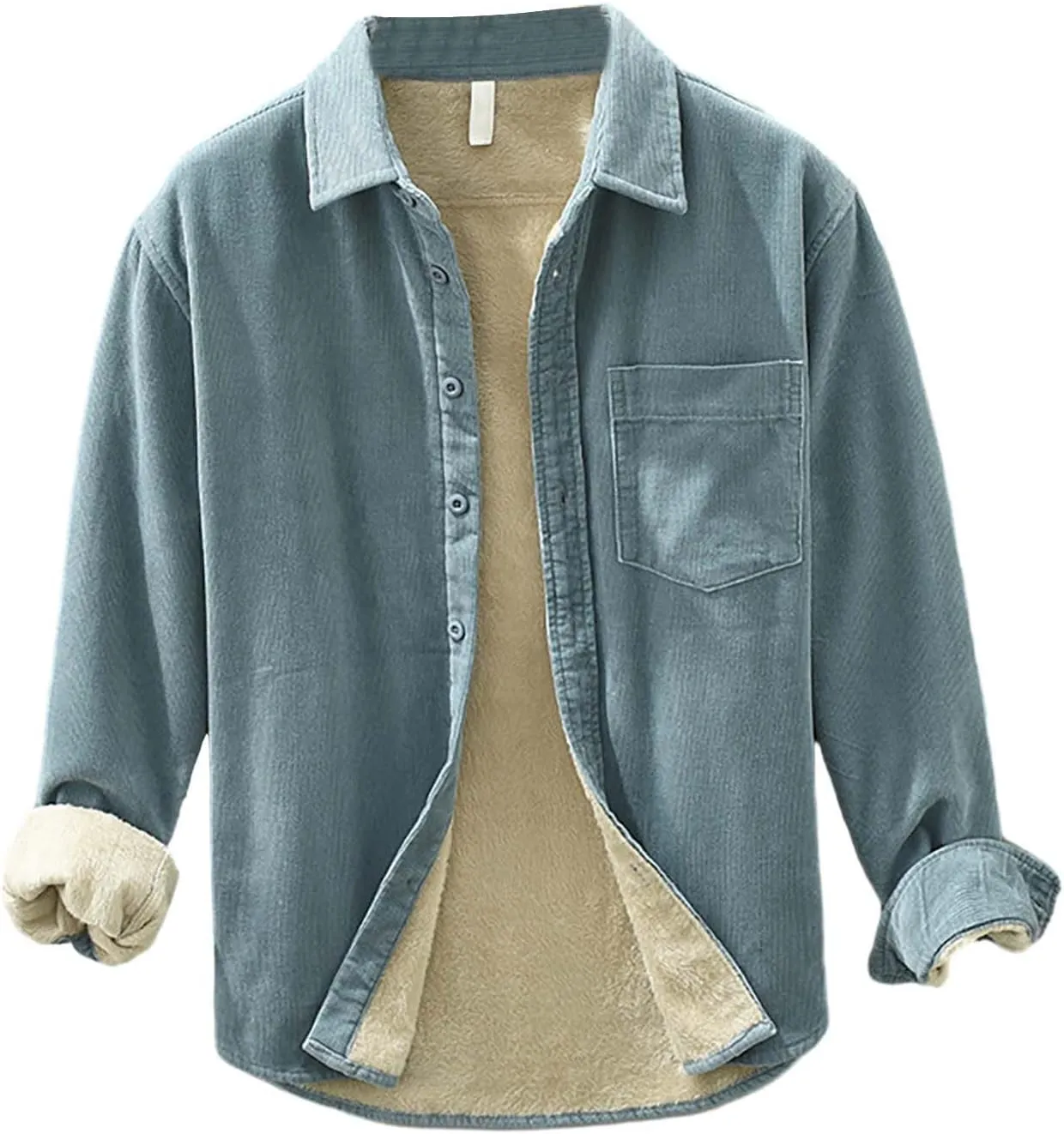 Mens Fleece Lined Corduroy Shirt Long Sleeve Button Down Sweatshirt Plus Size Textured Pullover Winter Thermal Jacket