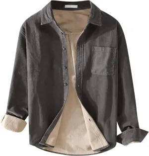 Mens Fleece Lined Corduroy Shirt Long Sleeve Button Down Sweatshirt Plus Size Textured Pullover Winter Thermal Jacket