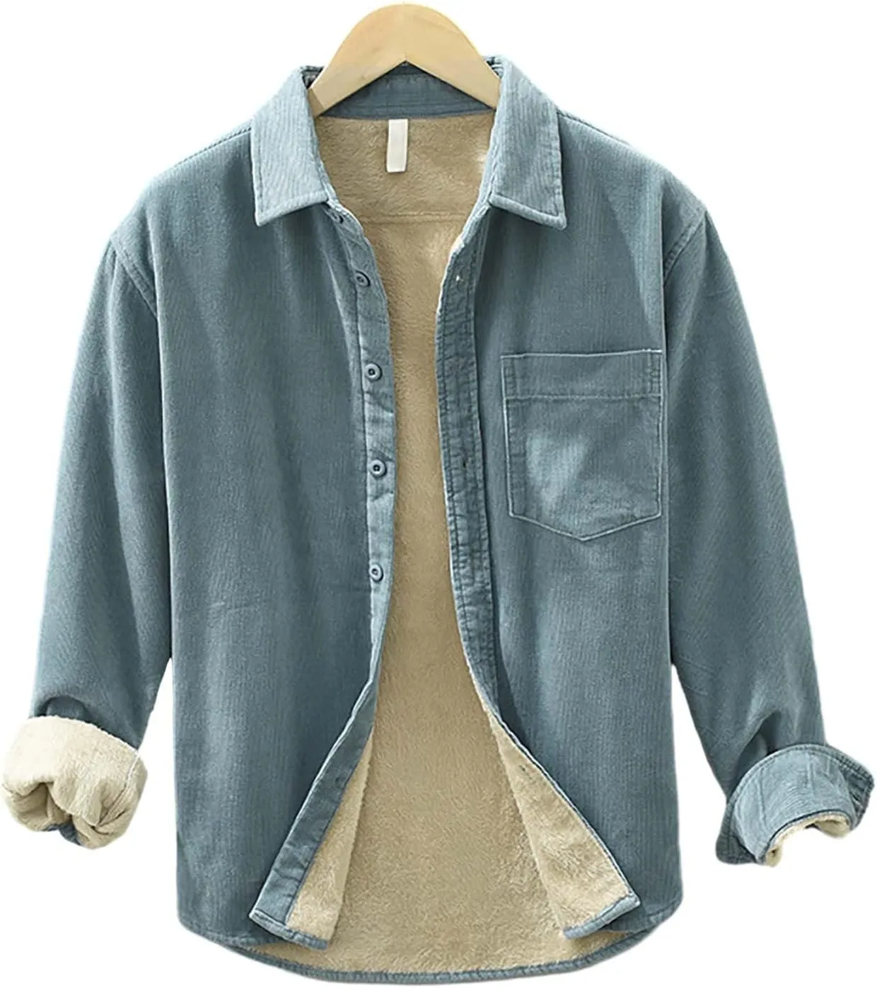 Mens Fleece Lined Corduroy Shirt Long Sleeve Button Down Sweatshirt Plus Size Textured Pullover Winter Thermal Jacket
