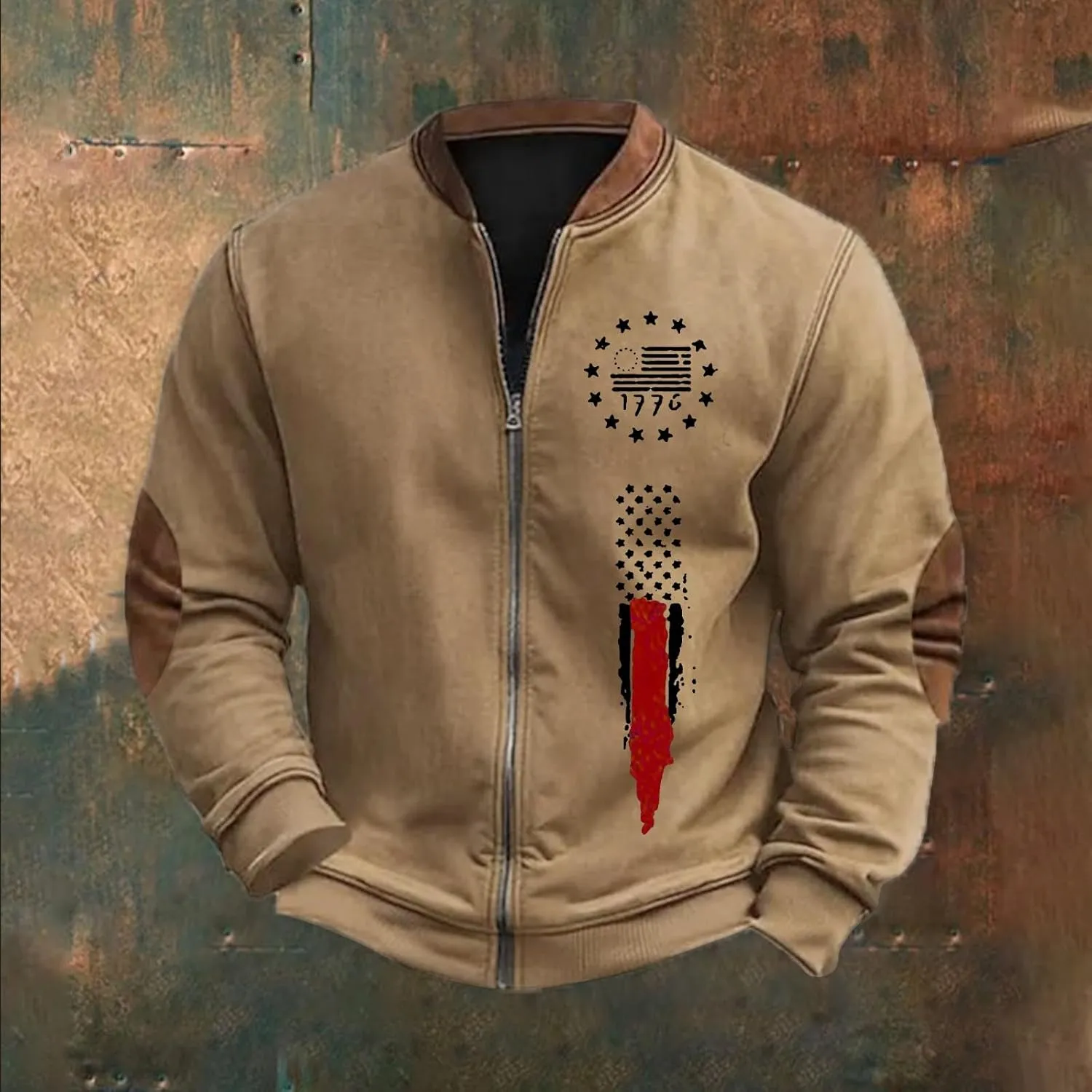 Men's Full Zipper Up Fleece Jackets Sweatshirts American Patriotic Graphic Retro Casual Long Sleeve Bomber Jackets