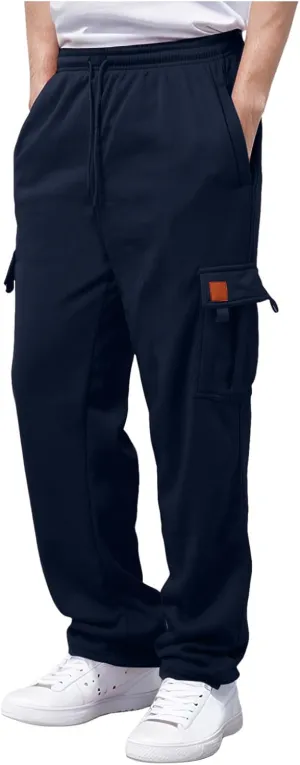 Men's Heavyweight Fleece Cargo Sweatpants Stretch Elastic Waist Trousers Drawstring Baggy Joggers with Pockets