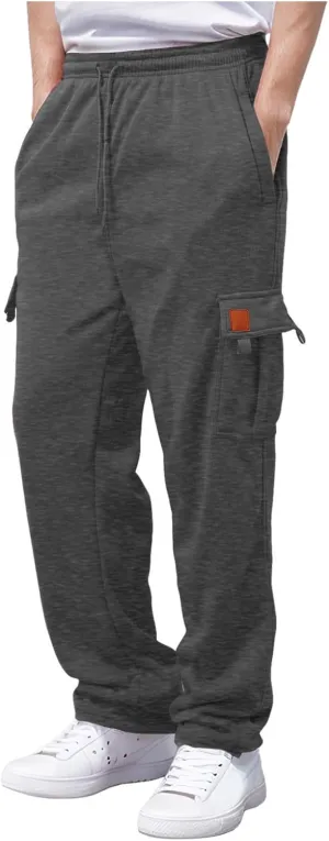 Men's Heavyweight Fleece Cargo Sweatpants Stretch Elastic Waist Trousers Drawstring Baggy Joggers with Pockets