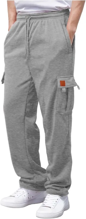 Men's Heavyweight Fleece Cargo Sweatpants Stretch Elastic Waist Trousers Drawstring Baggy Joggers with Pockets