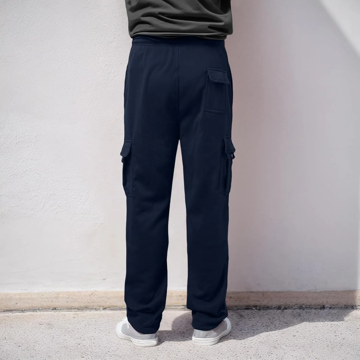 Men's Heavyweight Fleece Cargo Sweatpants Stretch Elastic Waist Trousers Drawstring Baggy Joggers with Pockets