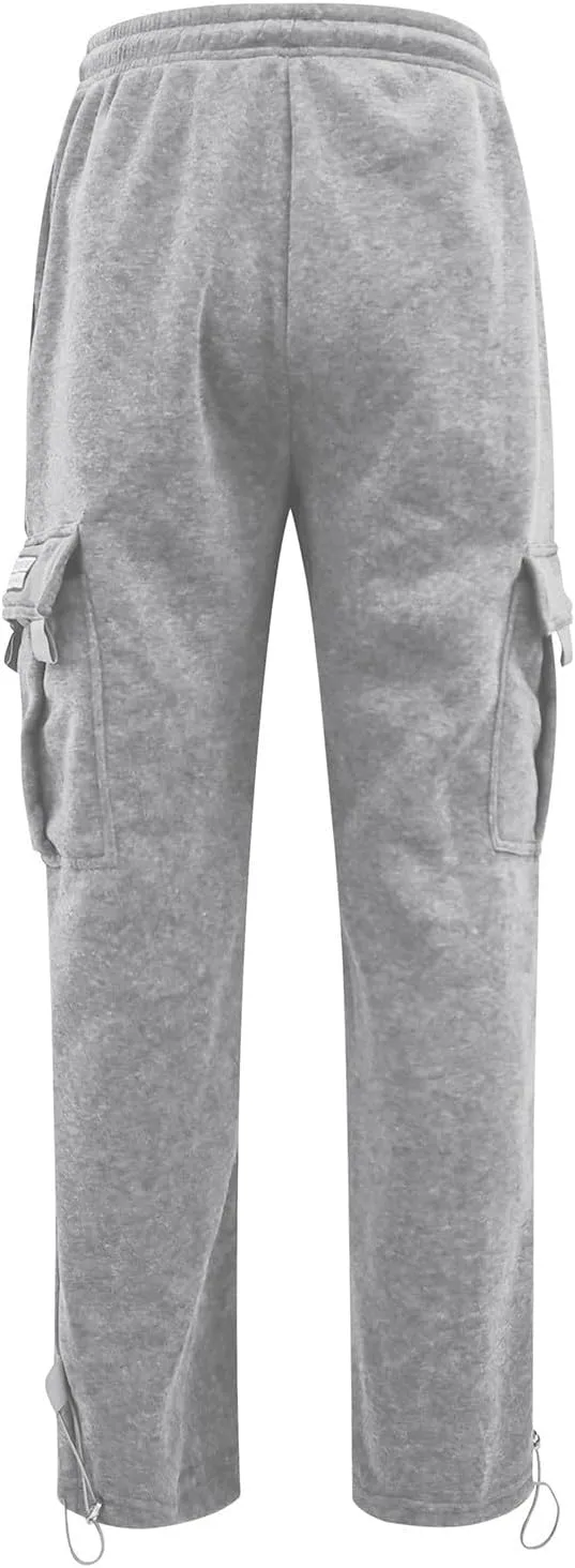 Men's Heavyweight Fleece Cargo Sweatpants Stretch Elastic Waist Trousers Drawstring Baggy Joggers with Pockets