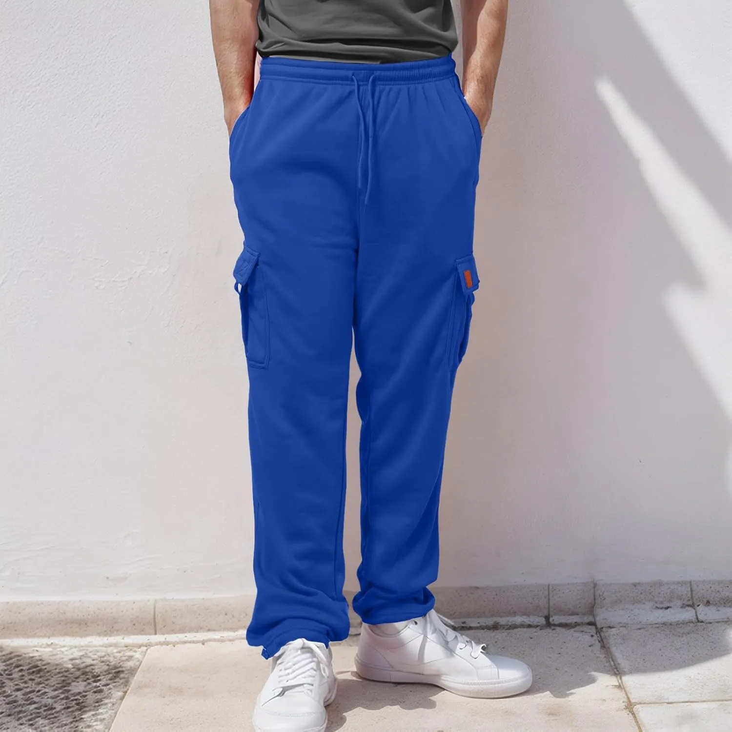 Men's Heavyweight Fleece Cargo Sweatpants Stretch Elastic Waist Trousers Drawstring Baggy Joggers with Pockets