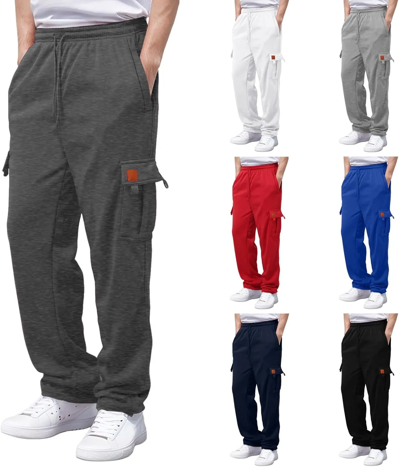 Men's Heavyweight Fleece Cargo Sweatpants Stretch Elastic Waist Trousers Drawstring Baggy Joggers with Pockets