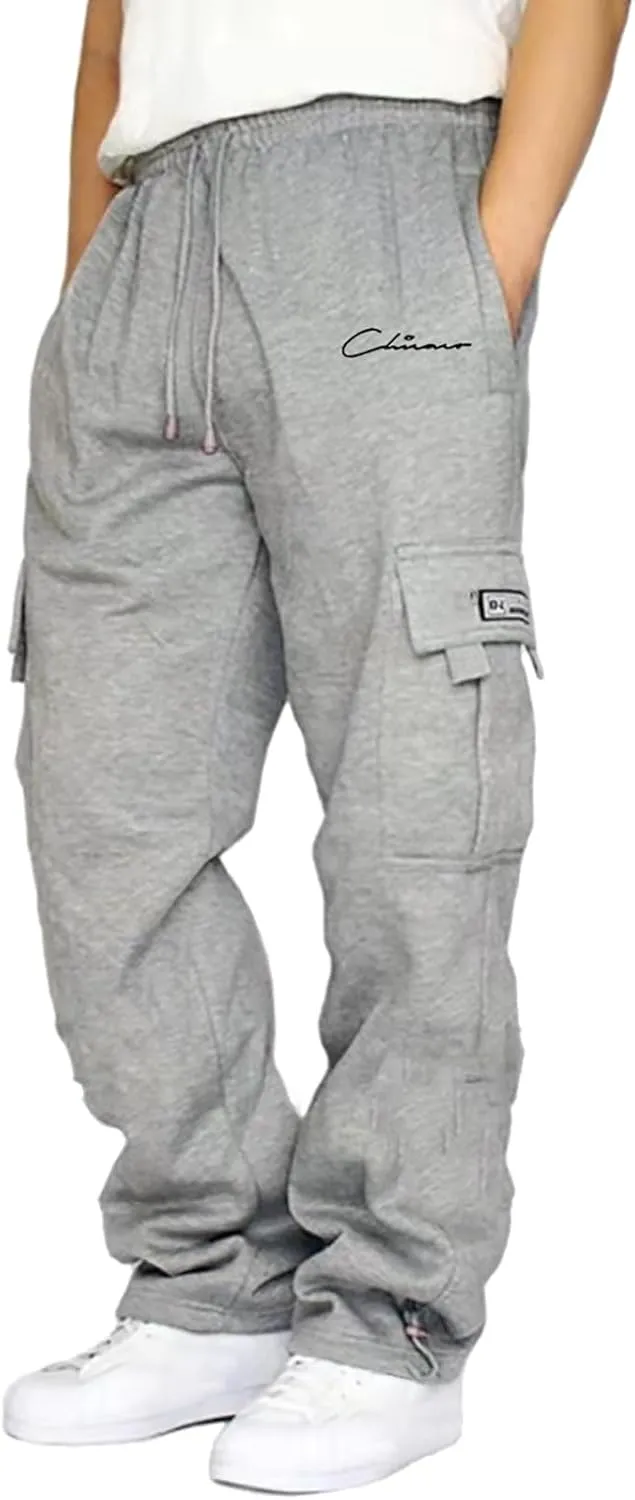 Men's Heavyweight Fleece Cargo Sweatpants Stretch Elastic Waist Trousers Drawstring Baggy Joggers with Pockets