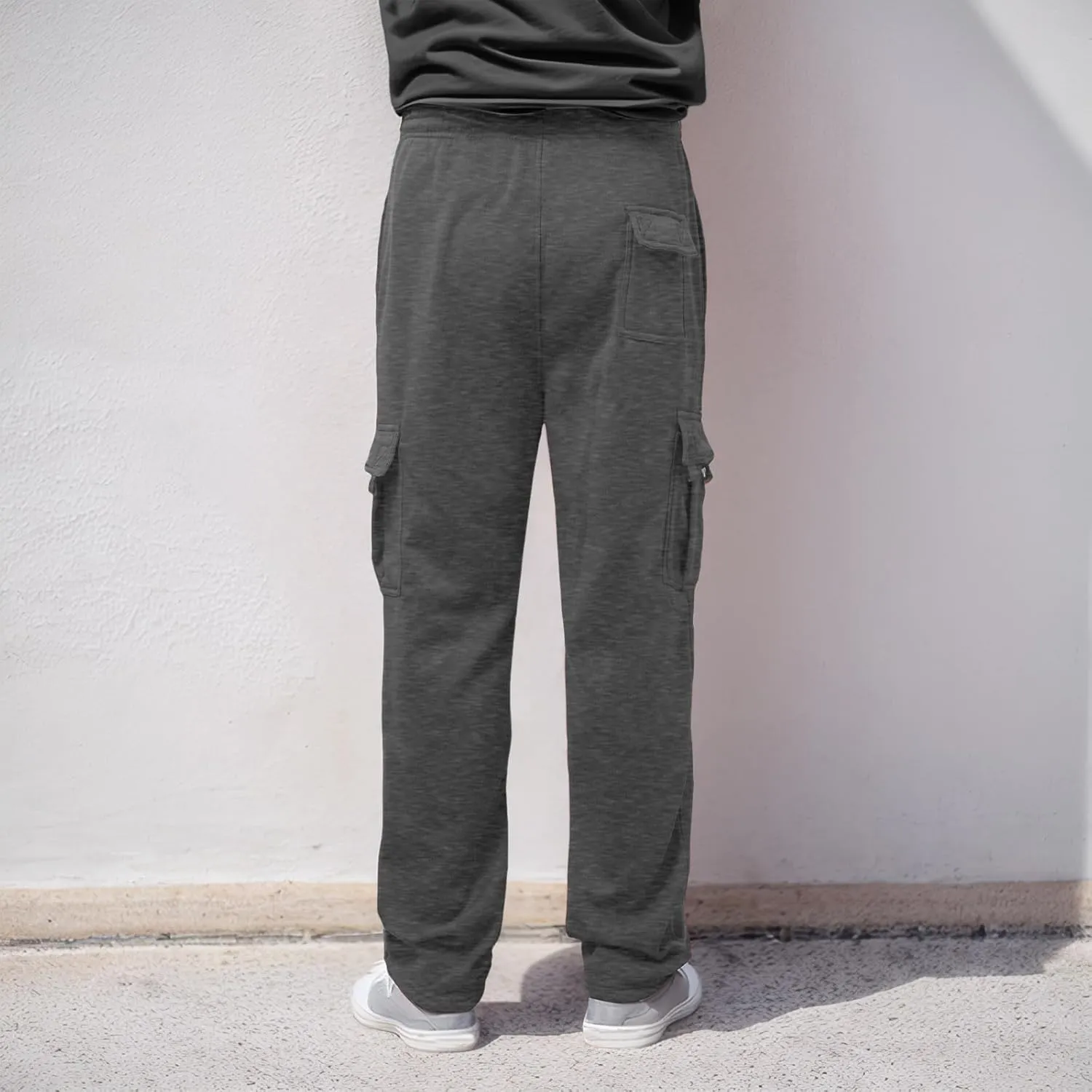Men's Heavyweight Fleece Cargo Sweatpants Stretch Elastic Waist Trousers Drawstring Baggy Joggers with Pockets