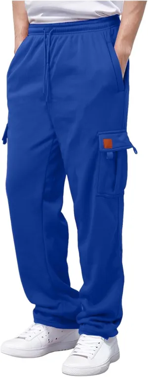 Men's Heavyweight Fleece Cargo Sweatpants Stretch Elastic Waist Trousers Drawstring Baggy Joggers with Pockets