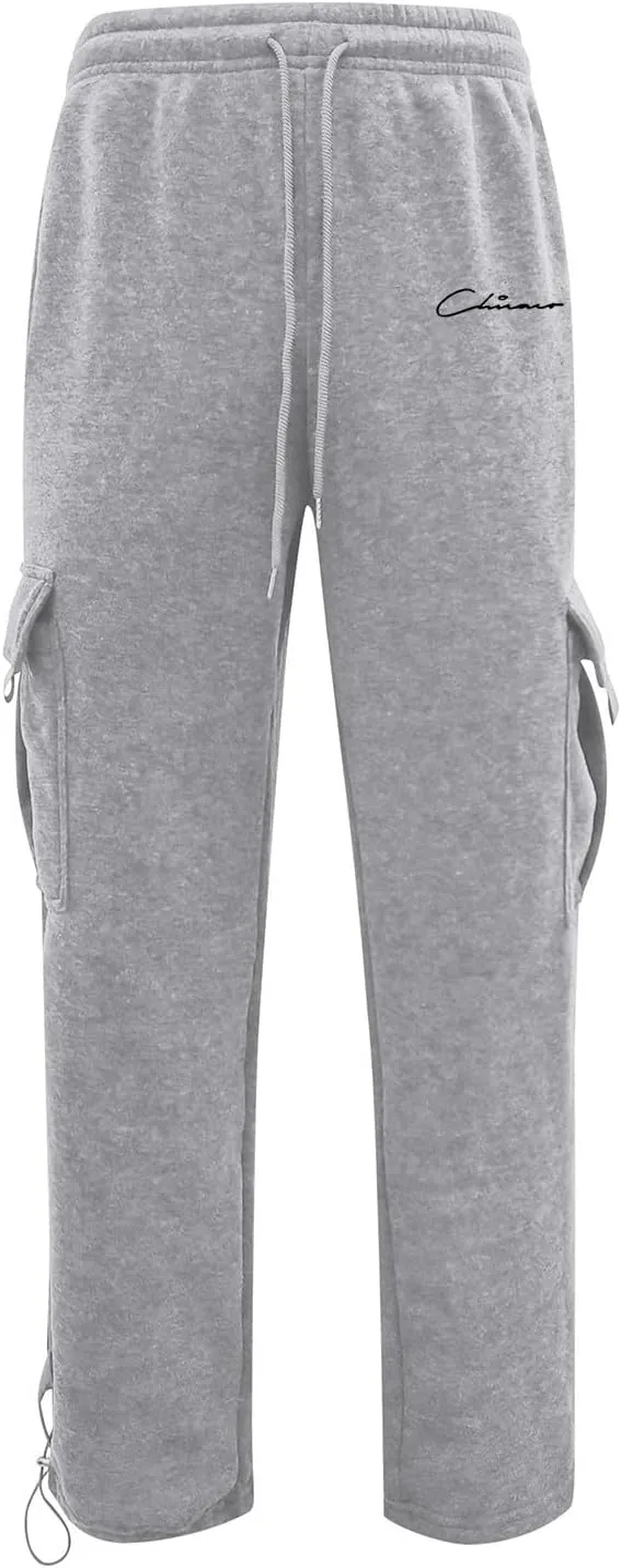 Men's Heavyweight Fleece Cargo Sweatpants Stretch Elastic Waist Trousers Drawstring Baggy Joggers with Pockets
