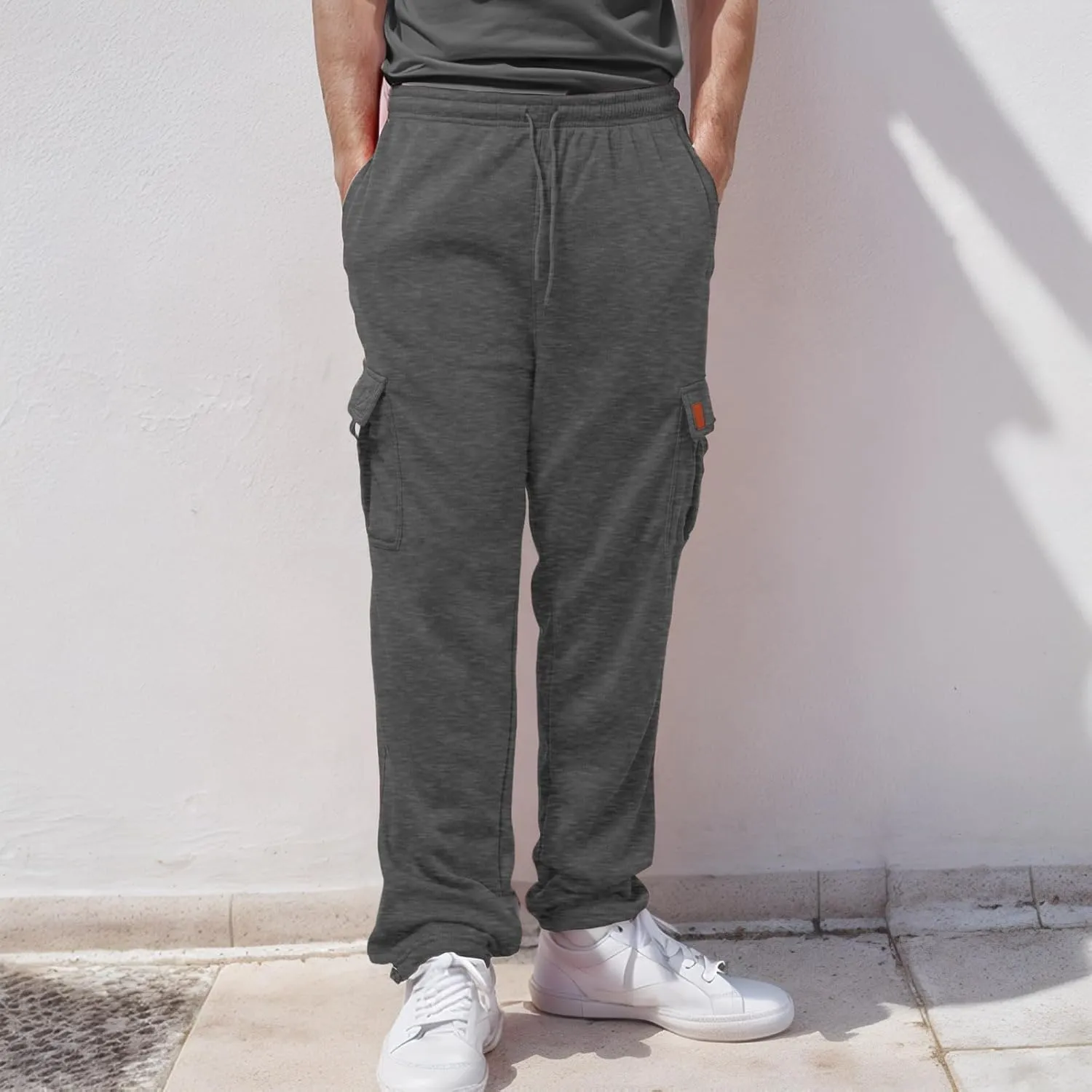 Men's Heavyweight Fleece Cargo Sweatpants Stretch Elastic Waist Trousers Drawstring Baggy Joggers with Pockets