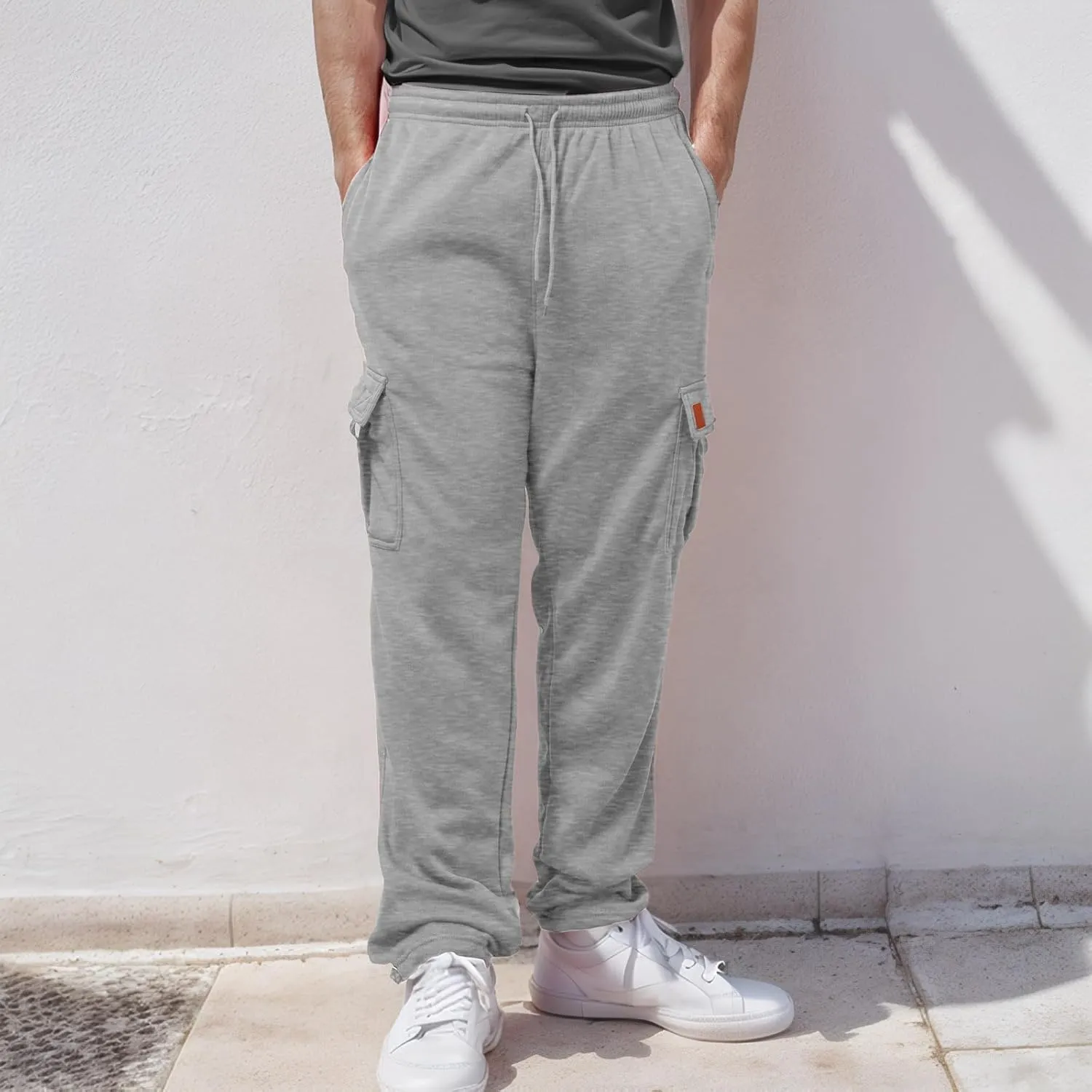 Men's Heavyweight Fleece Cargo Sweatpants Stretch Elastic Waist Trousers Drawstring Baggy Joggers with Pockets