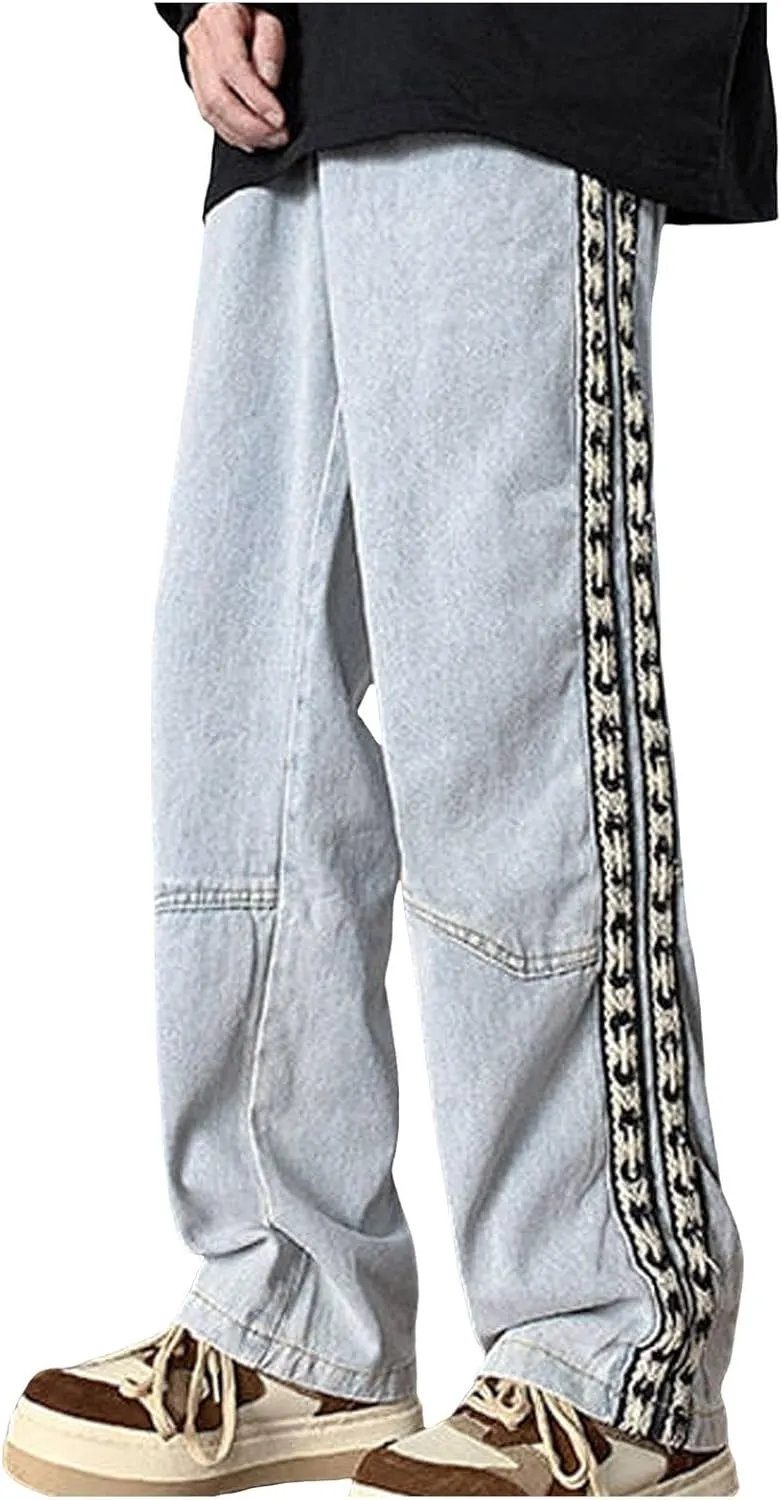 Mens Jeans Relaxed Fit Distressed Straight Leg Big and Tall Mens Casual Baggy Jeans Patchwork Pants Trousers
