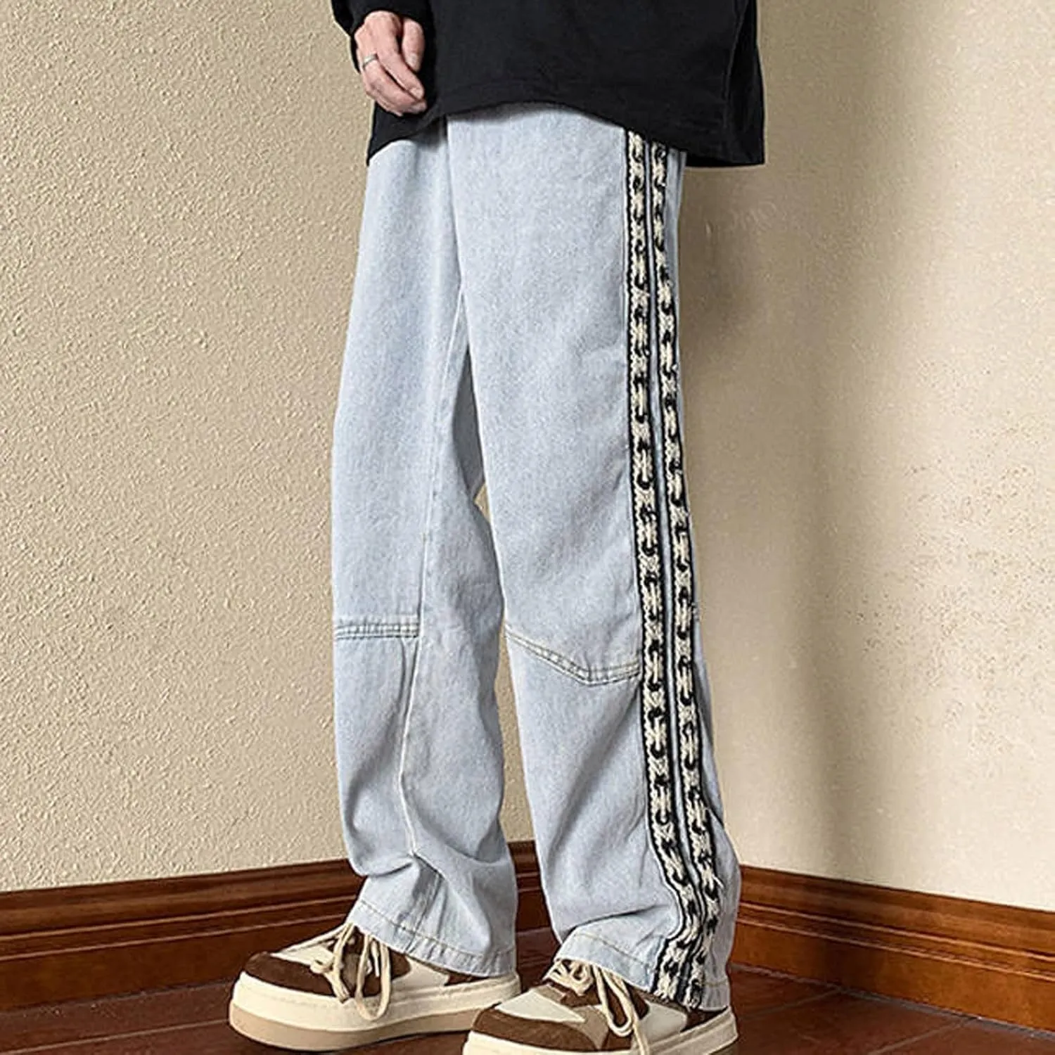 Mens Jeans Relaxed Fit Distressed Straight Leg Big and Tall Mens Casual Baggy Jeans Patchwork Pants Trousers