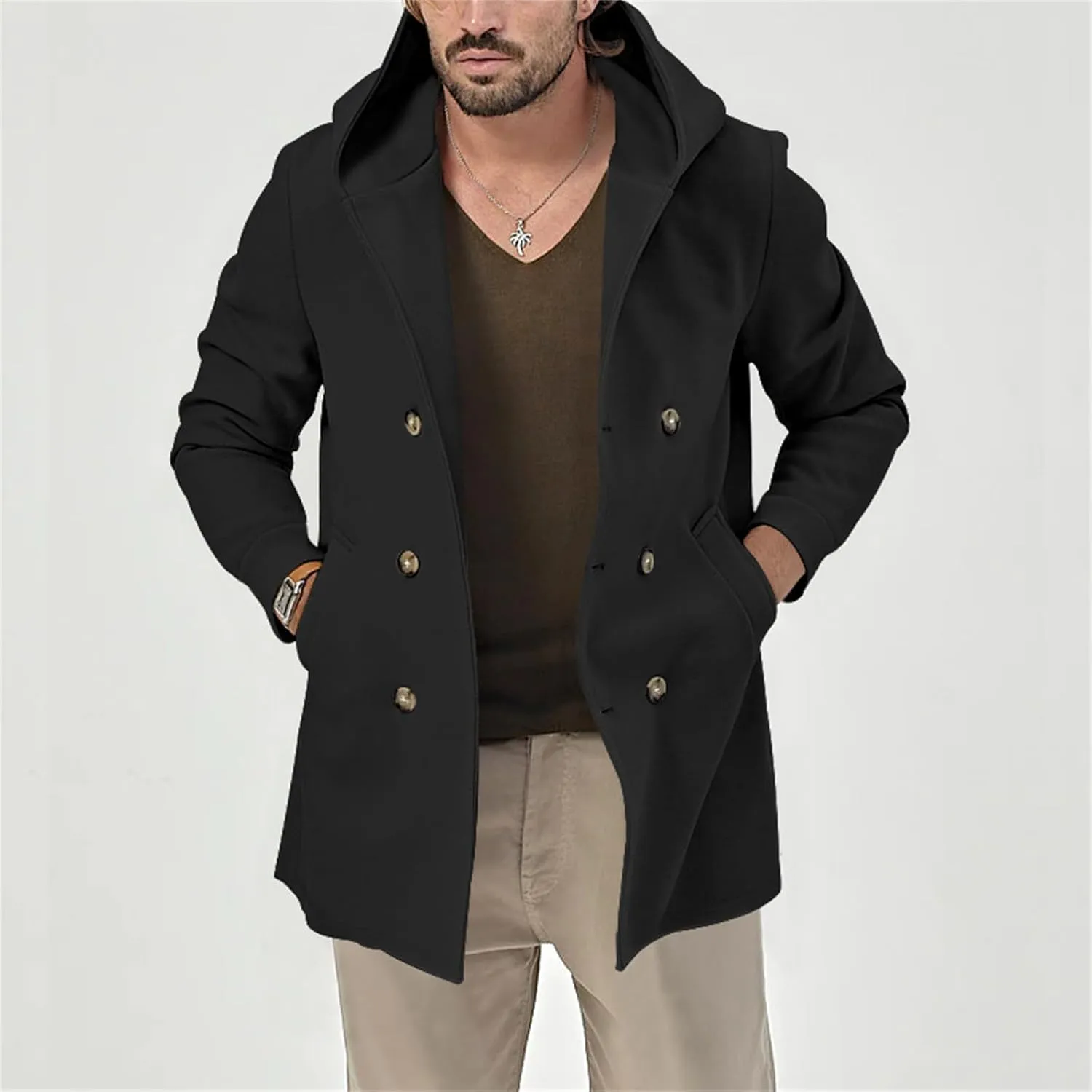 Mens Mid Length Trench Coat Wool Blend Jacket Hooded Double Breasted Overcoat Lightweight Casual Coat with Pockets