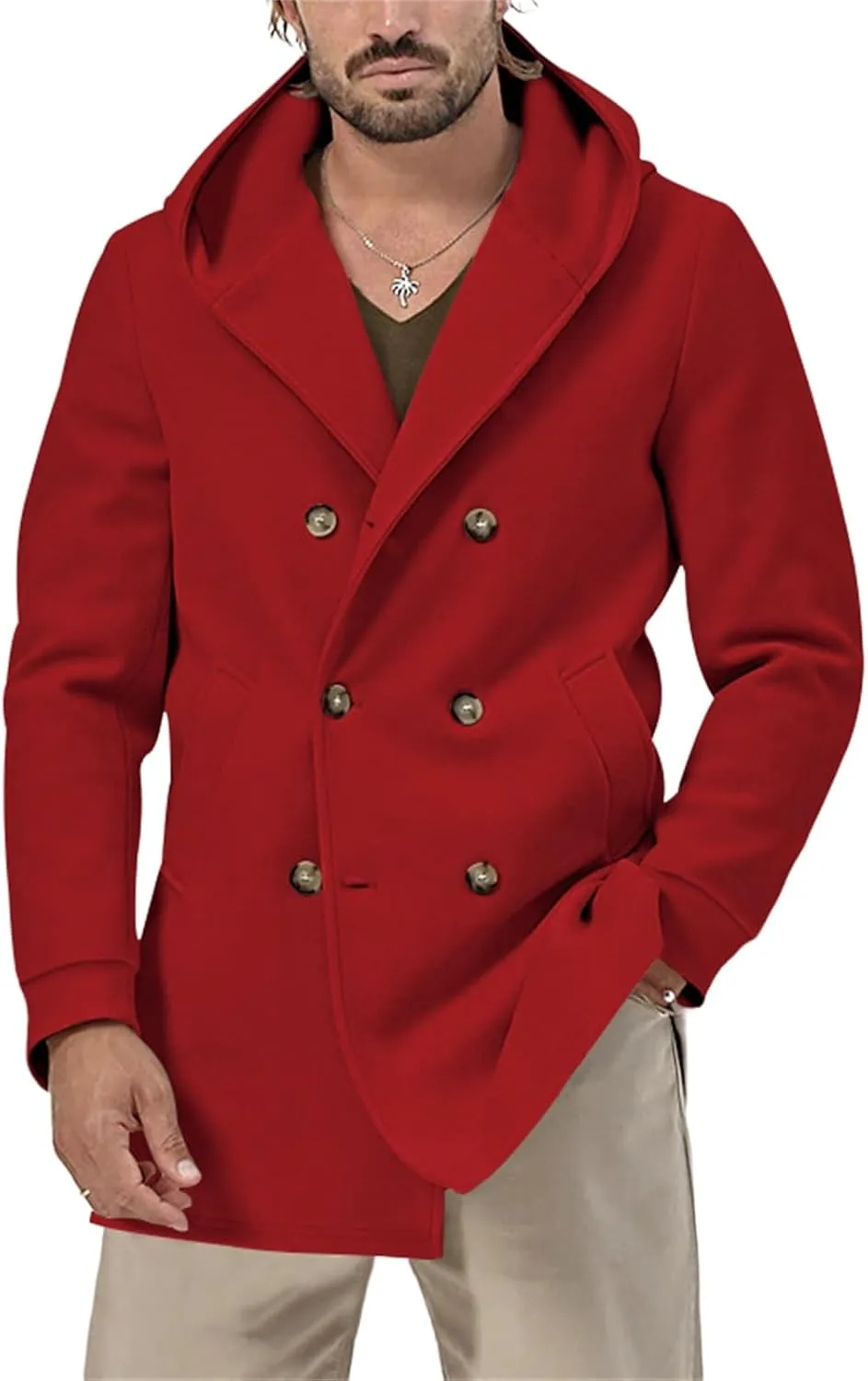 Mens Mid Length Trench Coat Wool Blend Jacket Hooded Double Breasted Overcoat Lightweight Casual Coat with Pockets