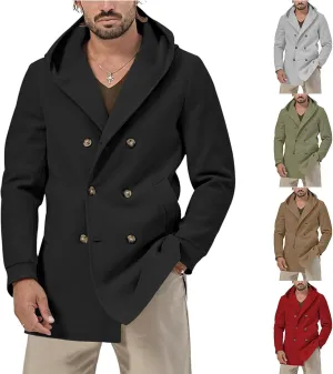 Mens Mid Length Trench Coat Wool Blend Jacket Hooded Double Breasted Overcoat Lightweight Casual Coat with Pockets