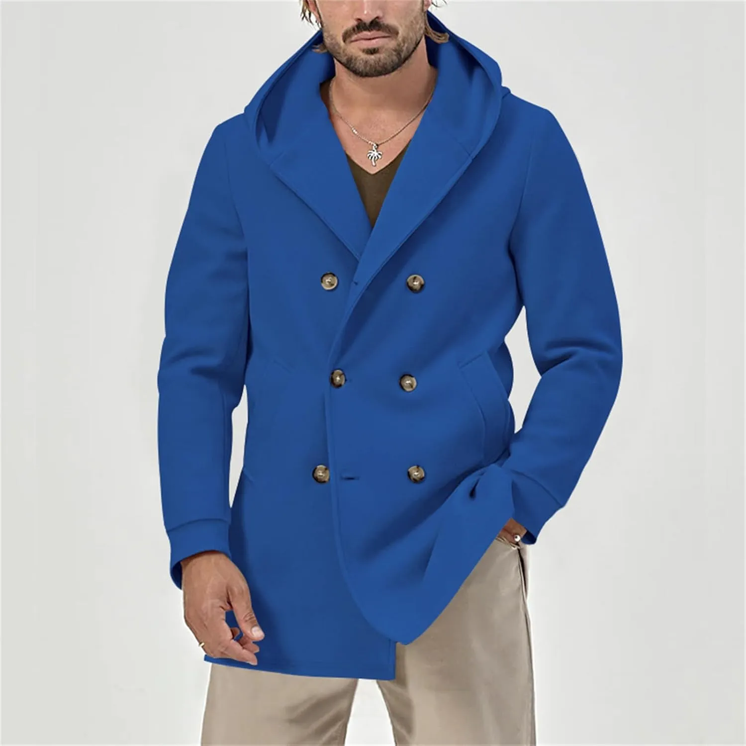 Mens Mid Length Trench Coat Wool Blend Jacket Hooded Double Breasted Overcoat Lightweight Casual Coat with Pockets