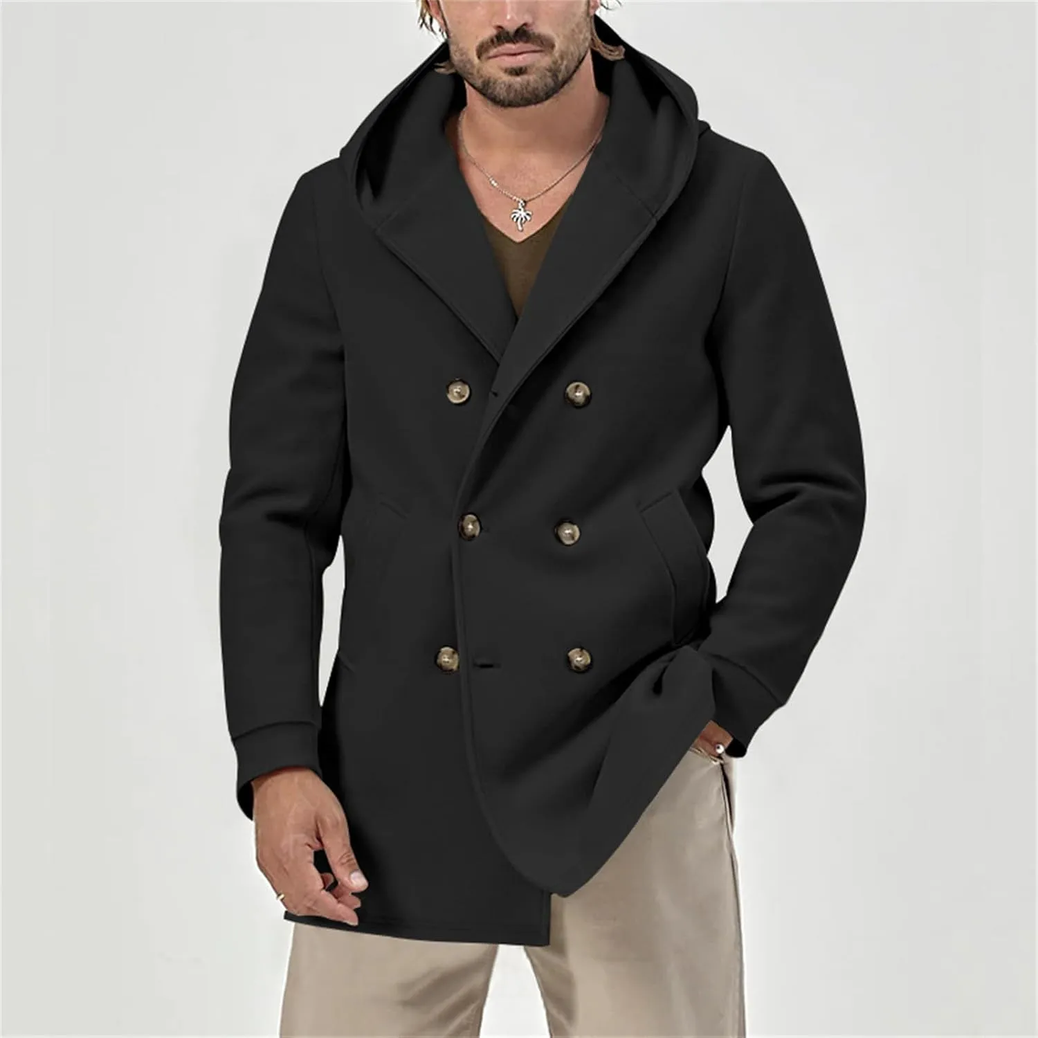 Mens Mid Length Trench Coat Wool Blend Jacket Hooded Double Breasted Overcoat Lightweight Casual Coat with Pockets
