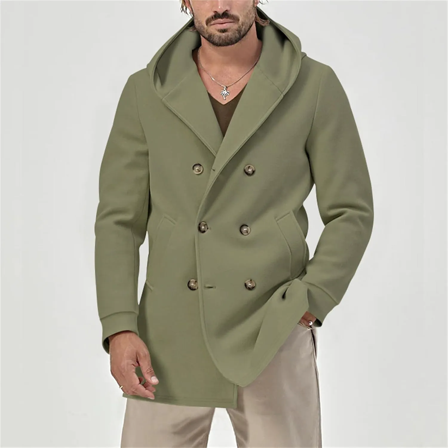 Mens Mid Length Trench Coat Wool Blend Jacket Hooded Double Breasted Overcoat Lightweight Casual Coat with Pockets