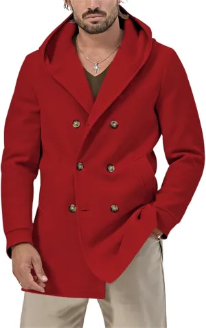 Mens Mid Length Trench Coat Wool Blend Jacket Hooded Double Breasted Overcoat Lightweight Casual Coat with Pockets
