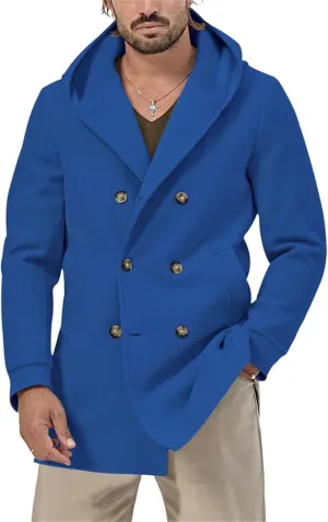 Mens Mid Length Trench Coat Wool Blend Jacket Hooded Double Breasted Overcoat Lightweight Casual Coat with Pockets