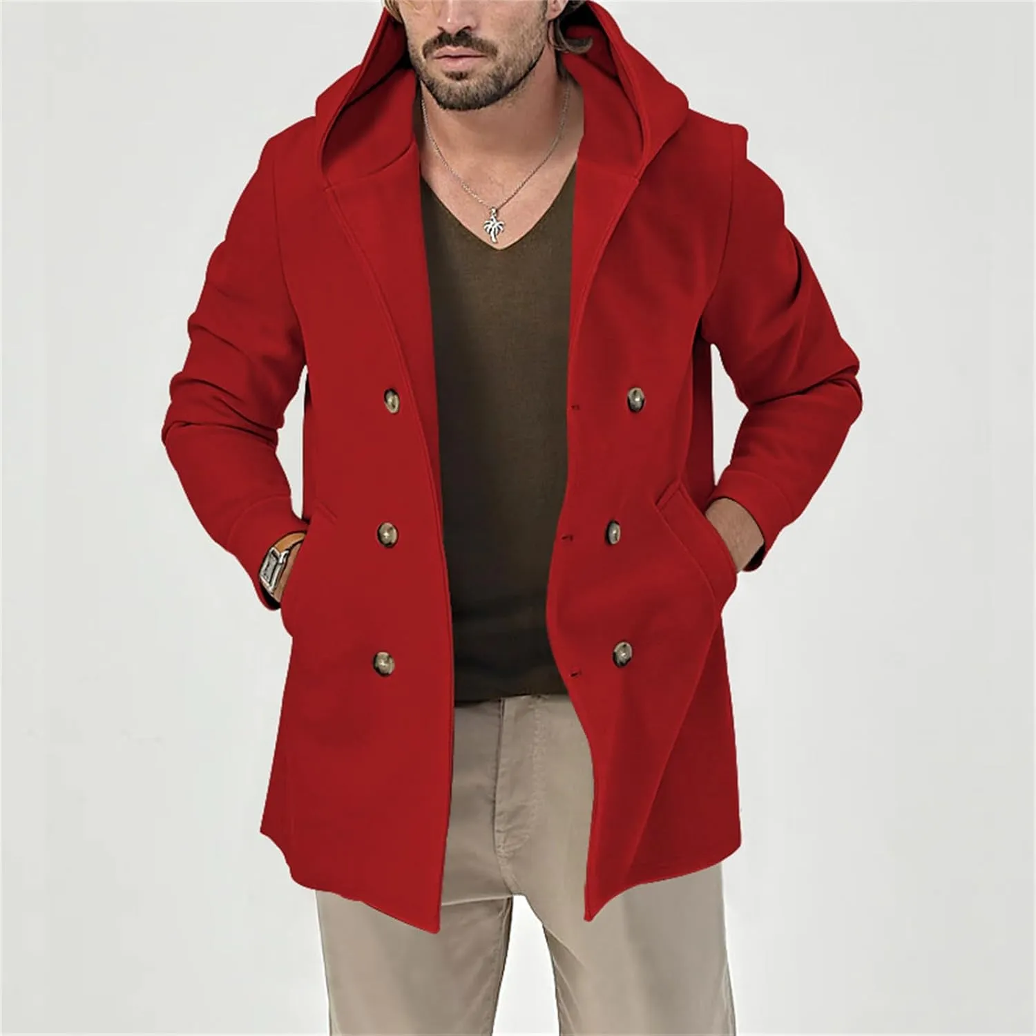Mens Mid Length Trench Coat Wool Blend Jacket Hooded Double Breasted Overcoat Lightweight Casual Coat with Pockets