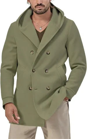 Mens Mid Length Trench Coat Wool Blend Jacket Hooded Double Breasted Overcoat Lightweight Casual Coat with Pockets