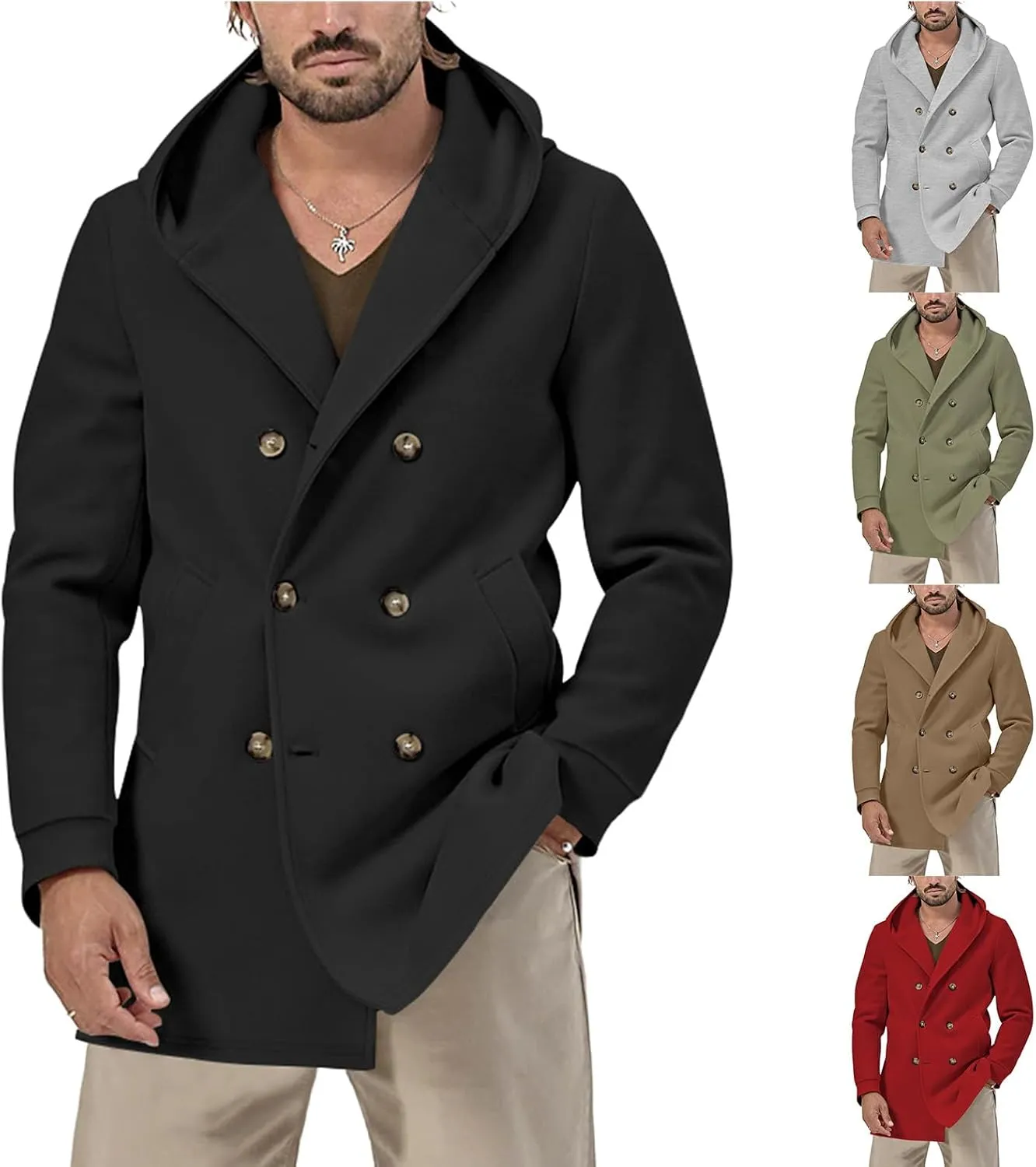 Mens Mid Length Trench Coat Wool Blend Jacket Hooded Double Breasted Overcoat Lightweight Casual Coat with Pockets