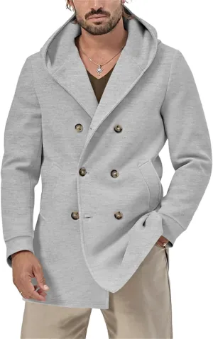 Men's Mid Length Trench Coats Wool Blend Jackets Hooded Double Breasted Overcoats Lightweight Coat with Pockets