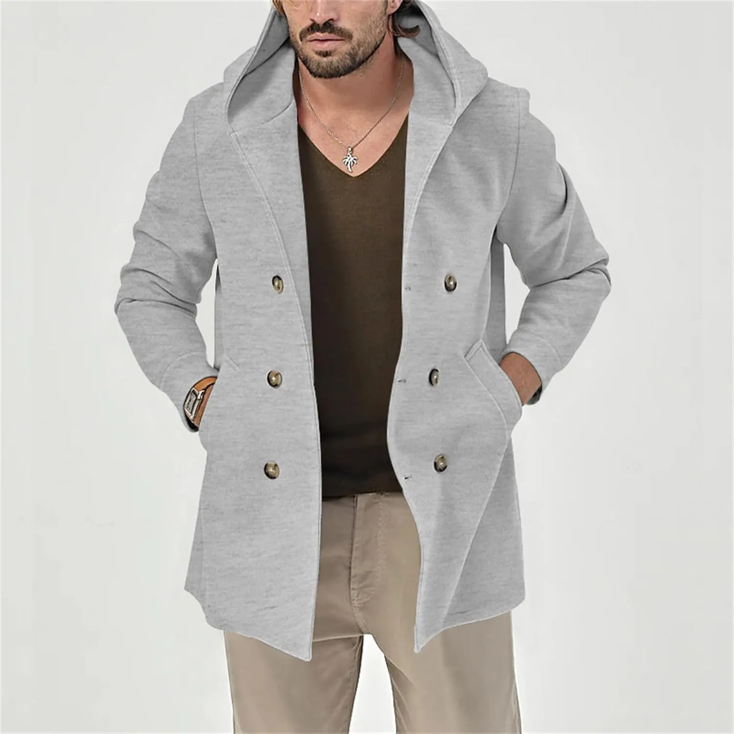 Men's Mid Length Trench Coats Wool Blend Jackets Hooded Double Breasted Overcoats Lightweight Coat with Pockets