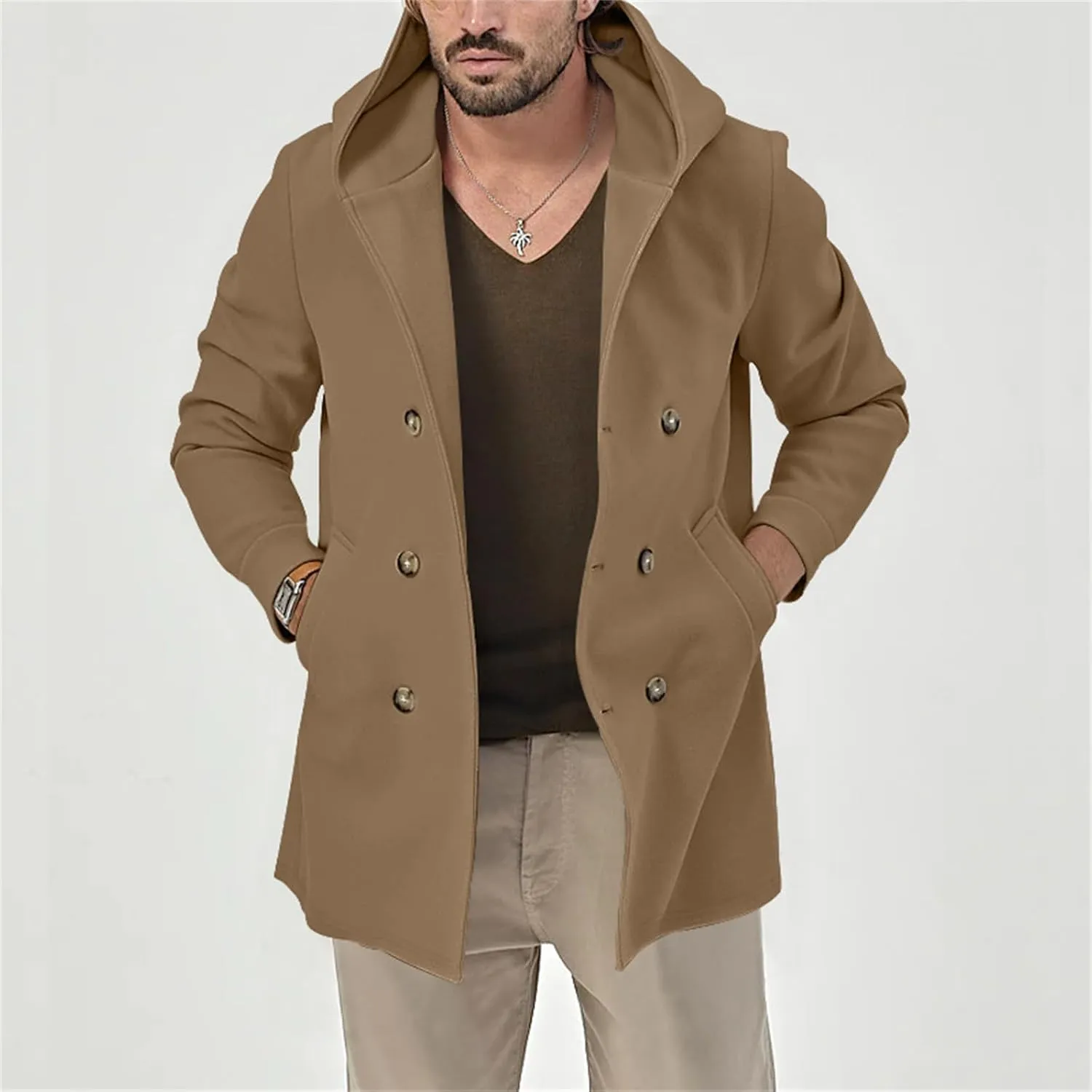 Men's Mid Length Trench Coats Wool Blend Jackets Hooded Double Breasted Overcoats Lightweight Coat with Pockets