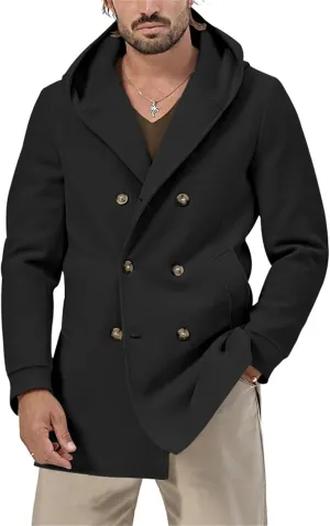 Men's Mid Length Trench Coats Wool Blend Jackets Hooded Double Breasted Overcoats Lightweight Coat with Pockets