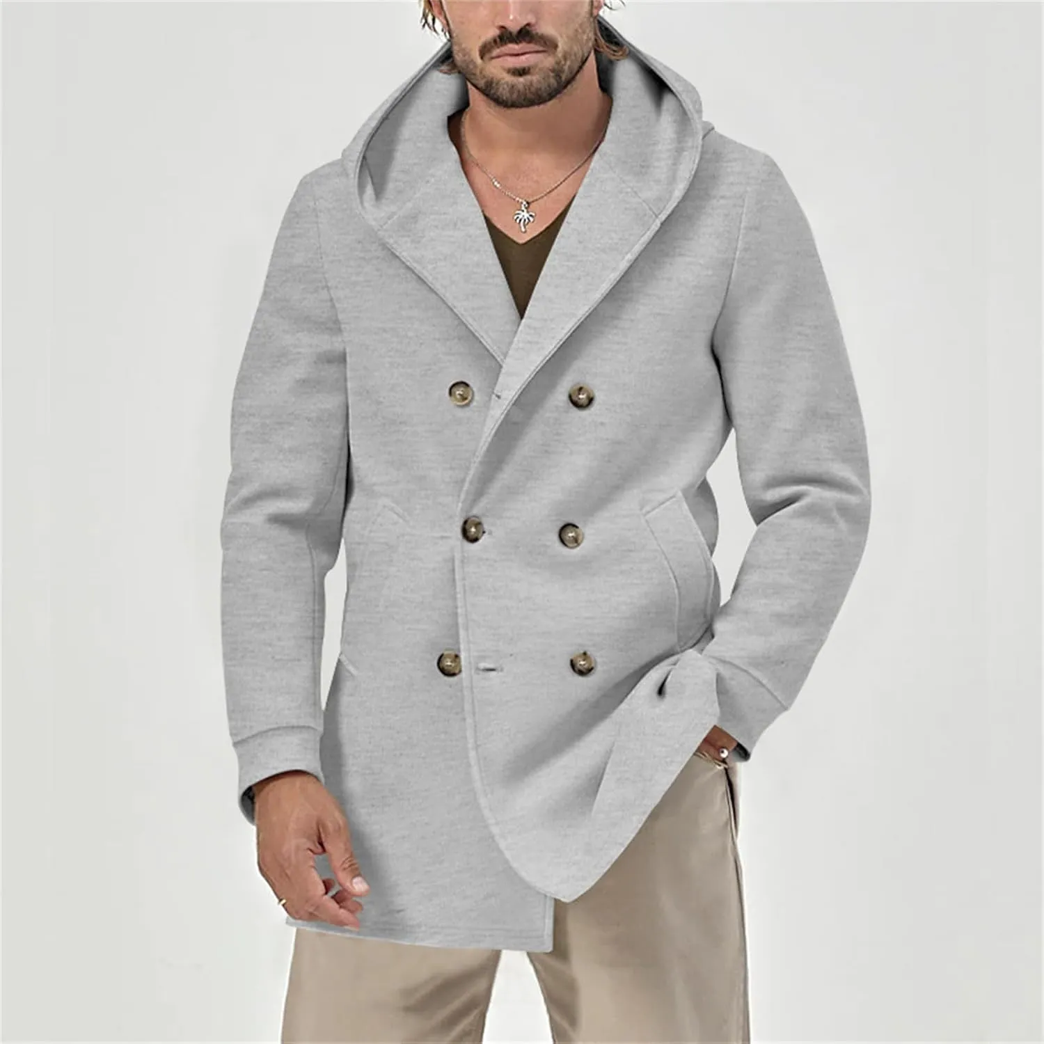 Men's Mid Length Trench Coats Wool Blend Jackets Hooded Double Breasted Overcoats Lightweight Coat with Pockets