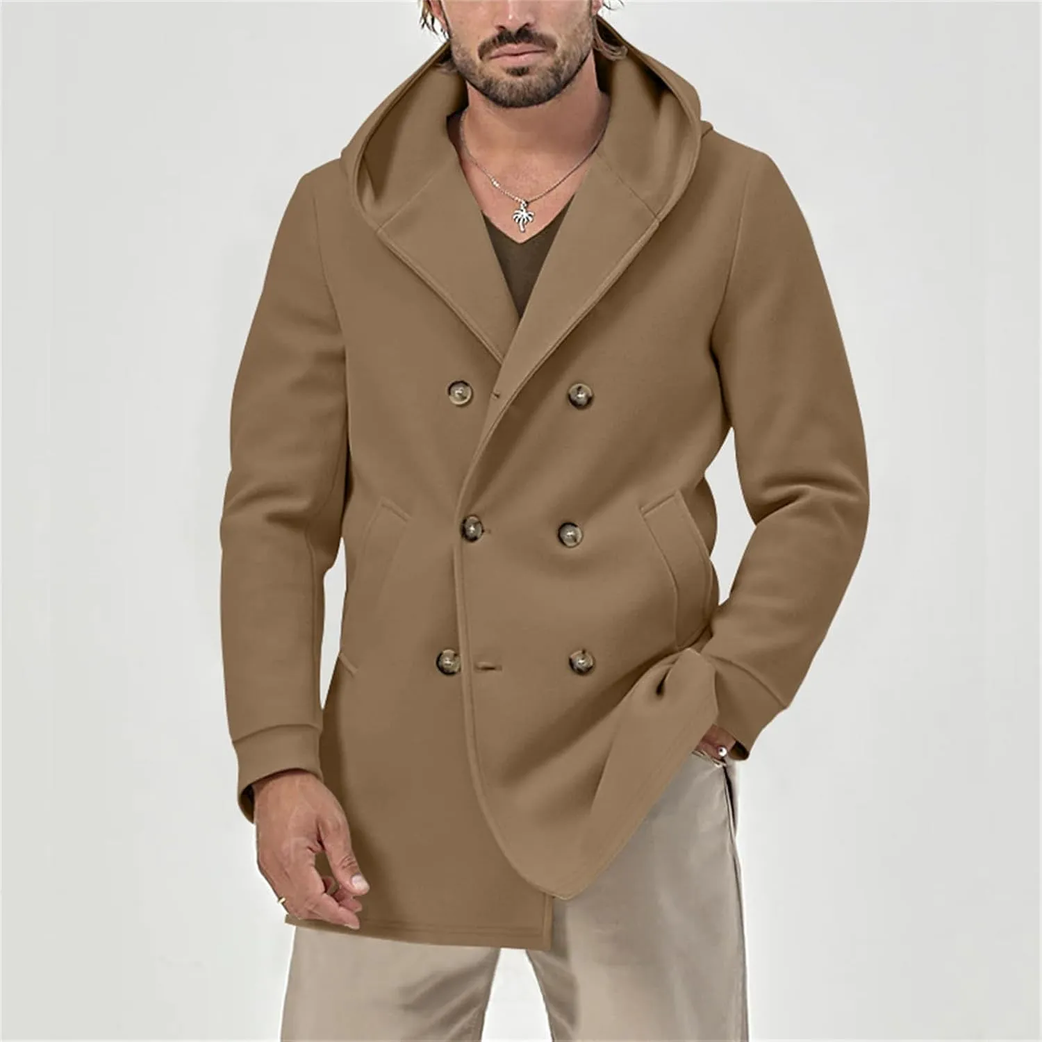 Men's Mid Length Trench Coats Wool Blend Jackets Hooded Double Breasted Overcoats Lightweight Coat with Pockets