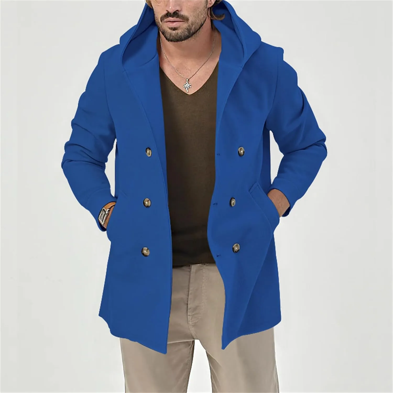 Men's Mid Length Trench Coats Wool Blend Jackets Hooded Double Breasted Overcoats Lightweight Coat with Pockets