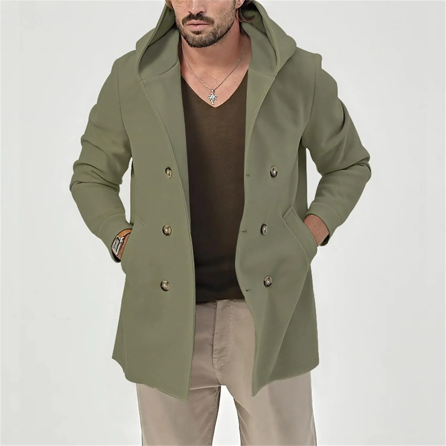 Men's Mid Length Trench Coats Wool Blend Jackets Hooded Double Breasted Overcoats Lightweight Coat with Pockets
