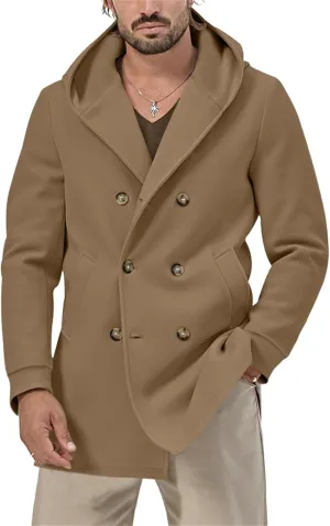 Men's Mid Length Trench Coats Wool Blend Jackets Hooded Double Breasted Overcoats Lightweight Coat with Pockets