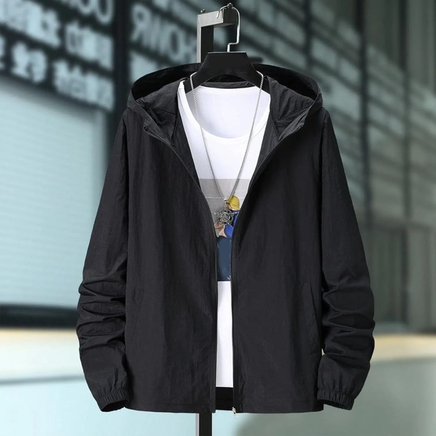 Men's Oversized Zip Up Raincoats Lightweight Waterproof Thin Outdoor Hiking Jackets with Hood Soft Shell Windbreaker