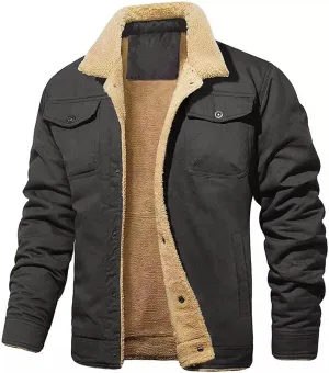 Men's Sherpa Lined Jacket Fleece Cargo Coats Button Down Lapel Coat Vintage Casual Outwears Winter Trendy Overcoats