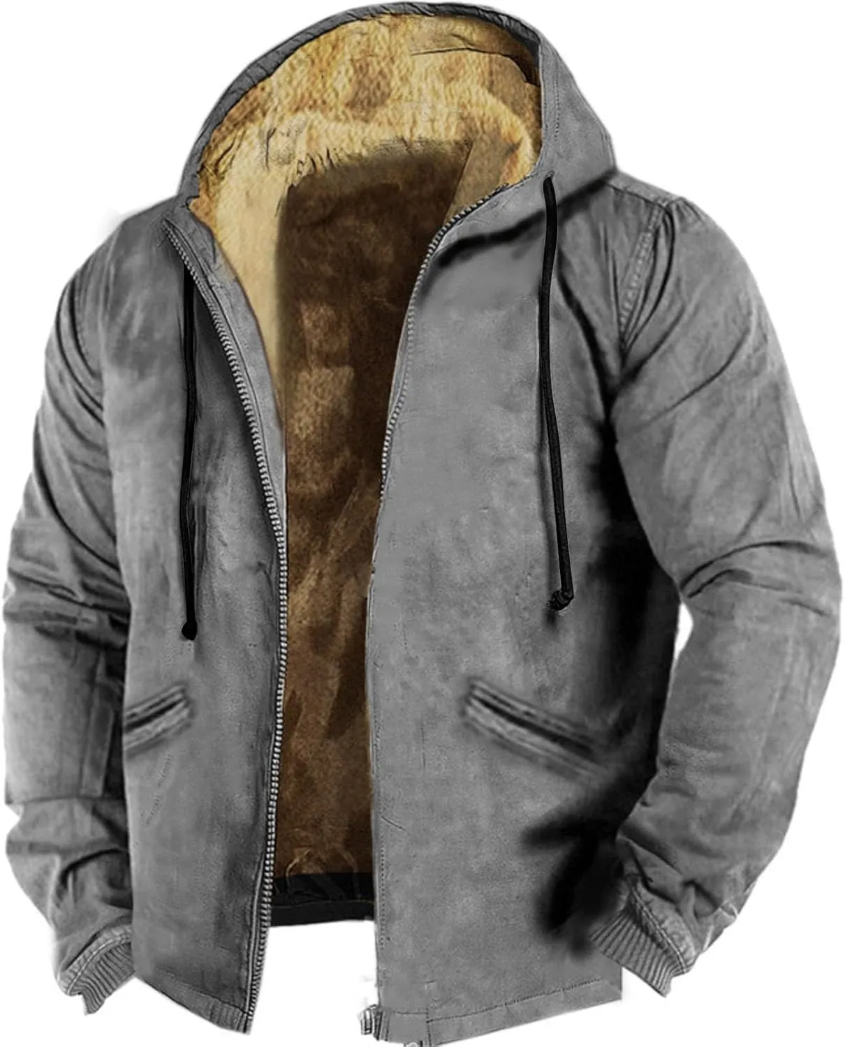 Men's Sherpa Lined Jacket Fleece Hooded Coat Vintage Fashion Hoodies Oversized Warm Jackets Winter Coats Outerwears